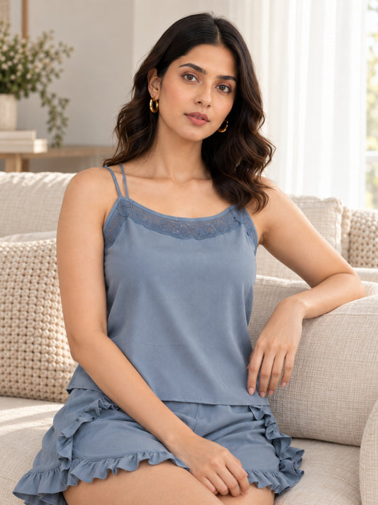 Light Blue Soft Crepe Sleeveless Top and Ruffle Shorts Co-Ord Set