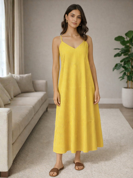 Yellow Sunbeam Stripe Pure Cotton Women's V-Neck Night Maxi