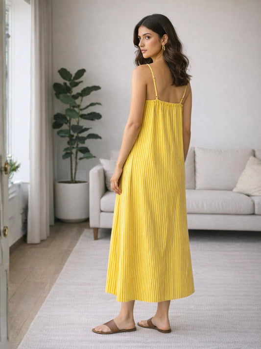 Yellow Sunbeam Stripe Pure Cotton Women's V-Neck Night Maxi