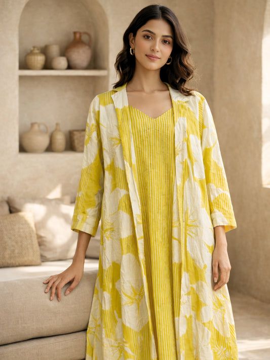 Mimosa Floral Pure Cotton Women's Strap Maxi with Robe