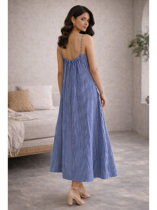 Blue Coastal Stripe Pure Cotton Women's V-Neck Night Maxi