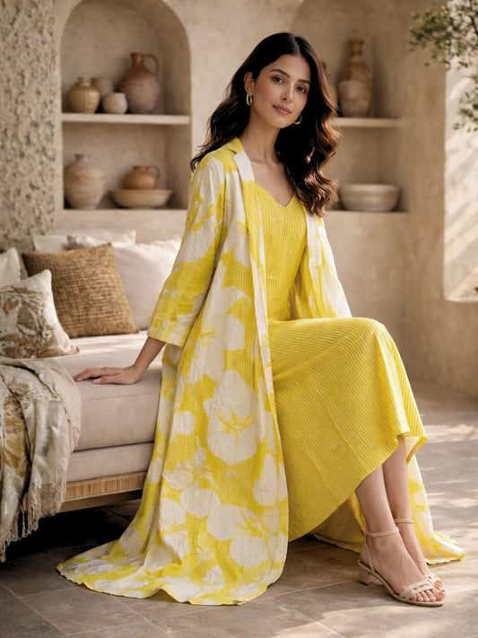 Mimosa Floral Pure Cotton Women's Strap Maxi with Robe