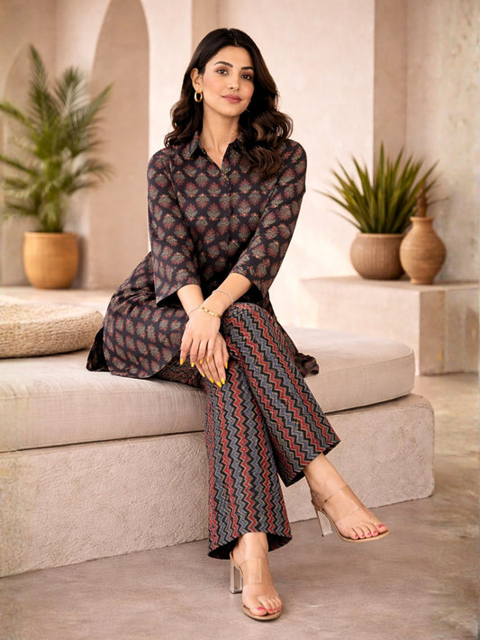 Black Maroon Collared Cotton Loungewear
