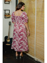 Square neck Leaf Print cotton Midi Dress