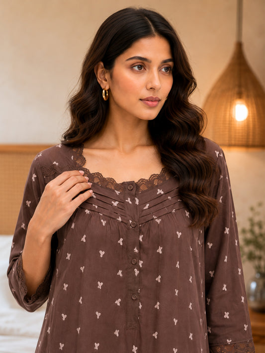 Brown Heart Print Button Yoke Night Maxi for Women