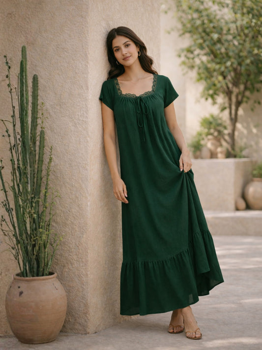 Emerald Green Flared Soft Crepe Night Maxi