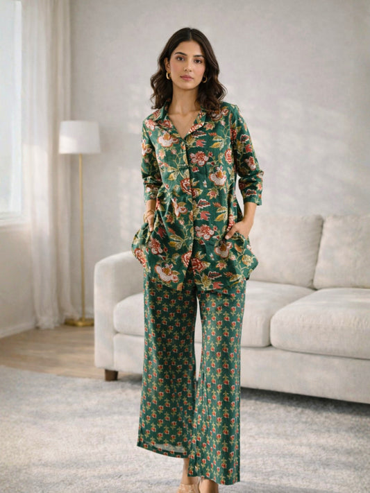 Green Leafy Charm Print Pure Cotton Collar Shirt Co-ord set