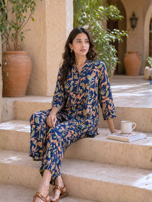 Tropical Navy Blue Pleated Back Co-Ord Set