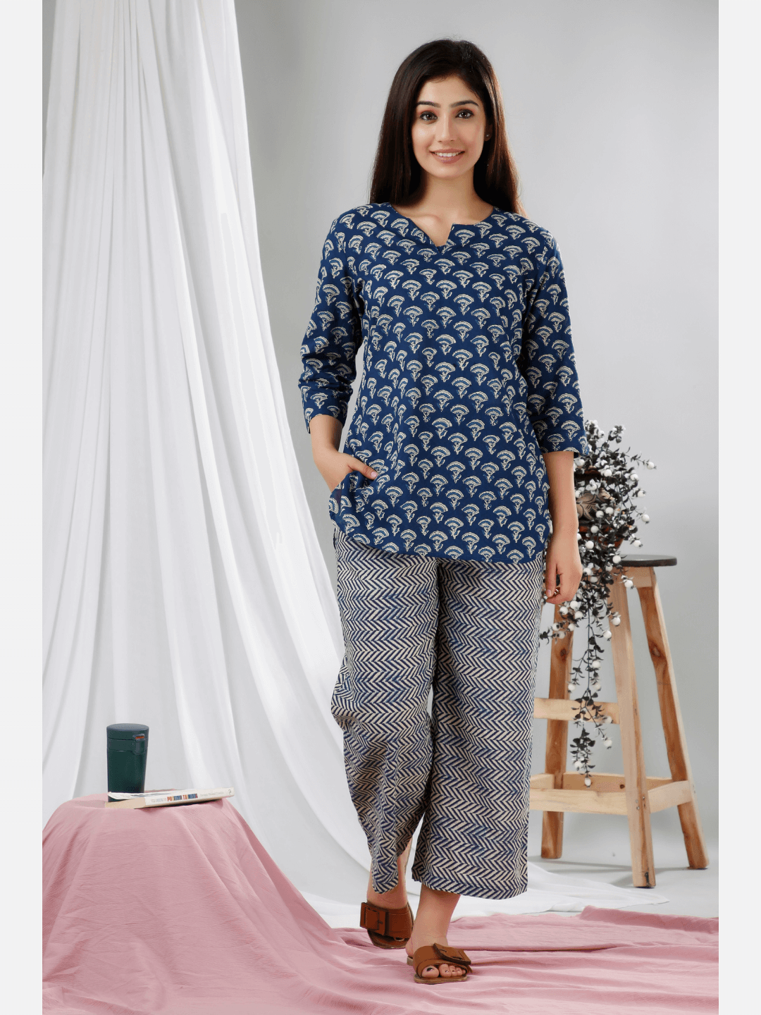 Blue Hand Block Printed Cotton Lounge Wear (6731812339909)