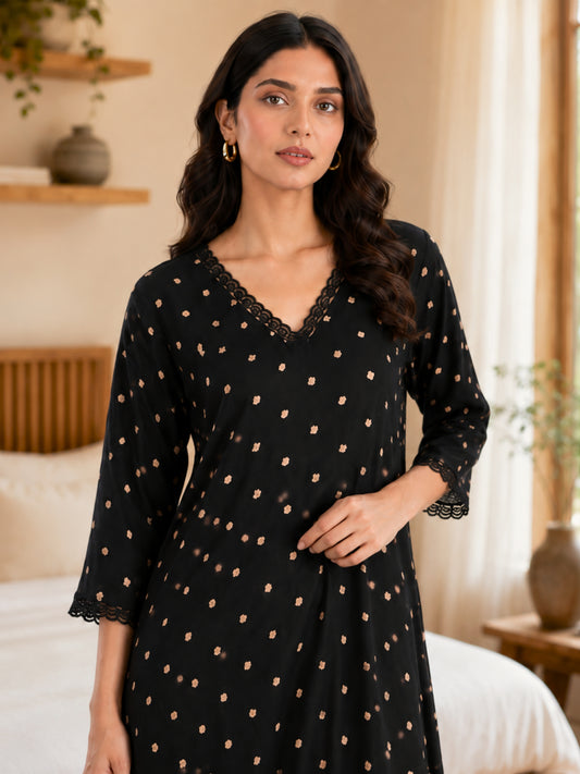 Black Polka Dot V-Neck Night Maxi for Women