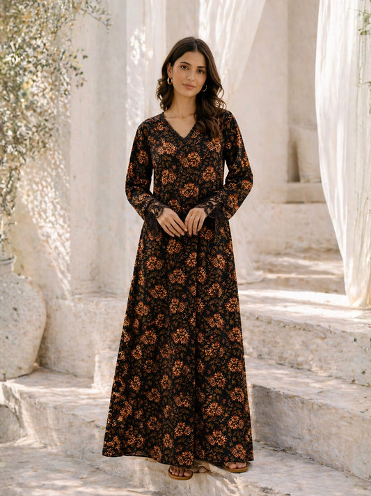 Black Floral Pure Cotton Women's V Neck Night Maxi Dress