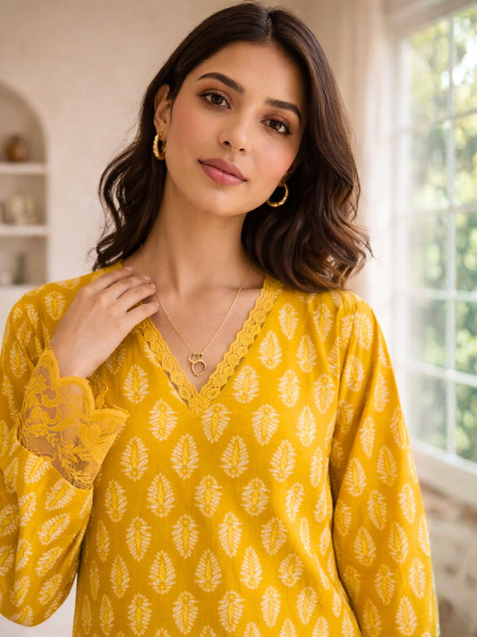 Yellow Bloom Lacy Pure Cotton V neck Night Maxi