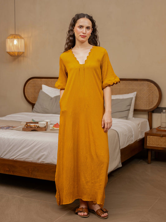 Mustard Soft Crepe Scallop Night Maxi for Women
