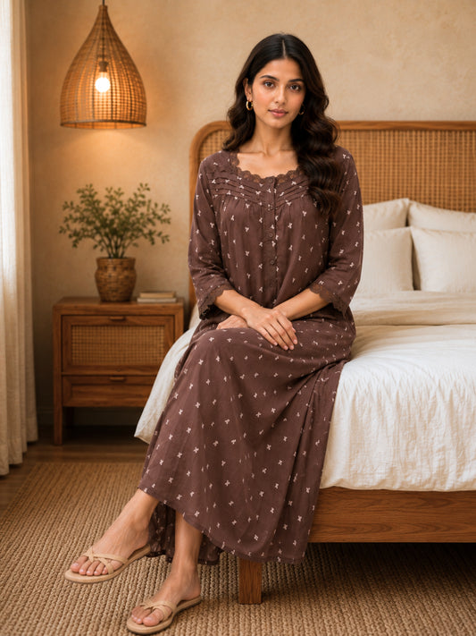 Brown Heart Print Button Yoke Night Maxi for Women