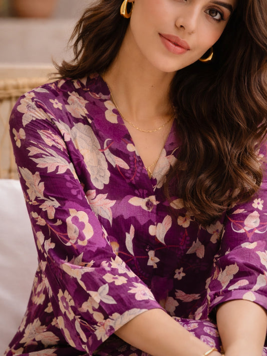 Purple Haze Petal Pure Cotton Back Pleated Co-ord set