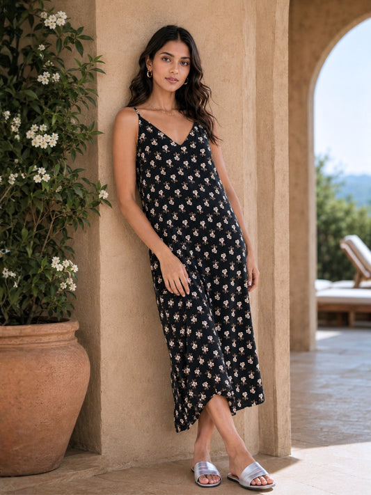 Black Ditsy Pure Cotton V-Neck Night Maxi for Women