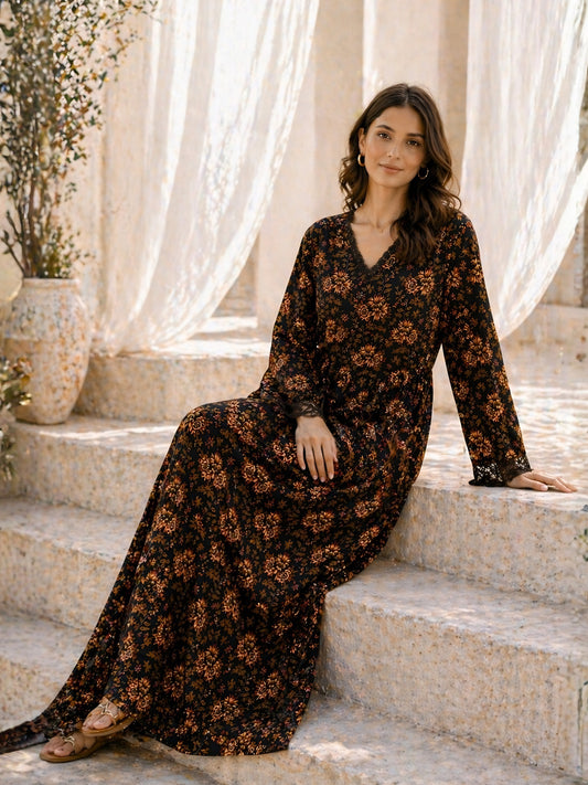Black Floral Pure Cotton Women's V Neck Night Maxi Dress