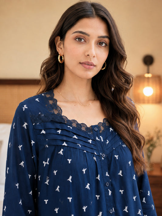 Blue Bird Print Button Yoke Night Maxi for Women