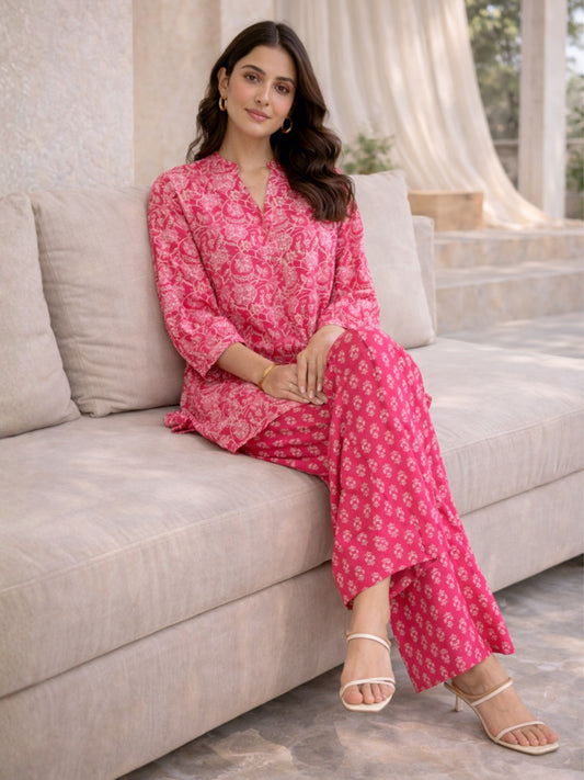 Pink Peony Chill Pure Cotton Back Pleated Co-ord set