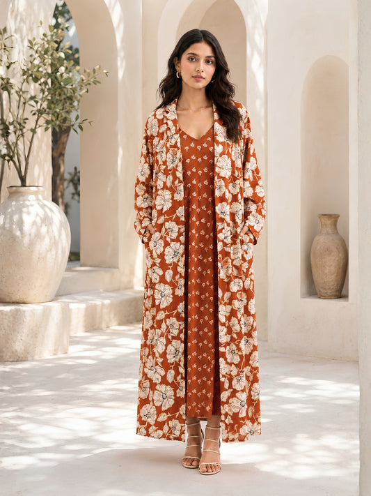 Rust Muse Pure Cotton V-Neck Midi & Shrug Set for Women