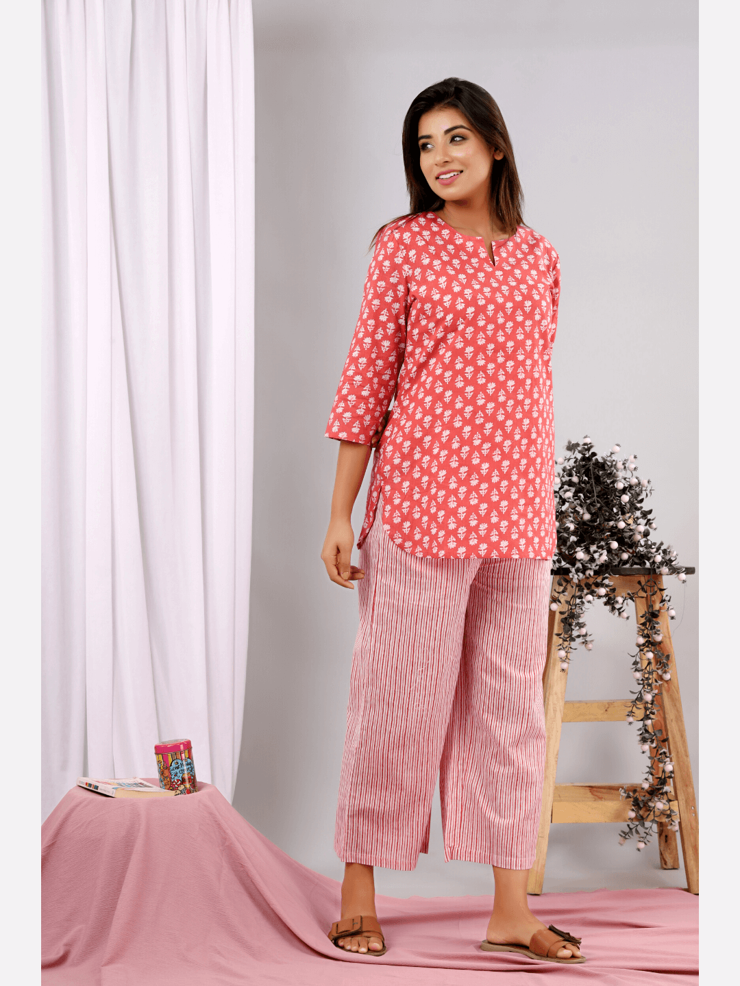Coral Blush Block Printed Lounge Wear (6890383278277)