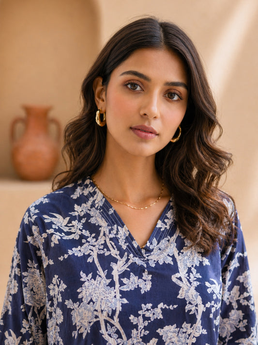 Tropical Deep Blue Jaal V-Neck Patiala Co-Ord Set