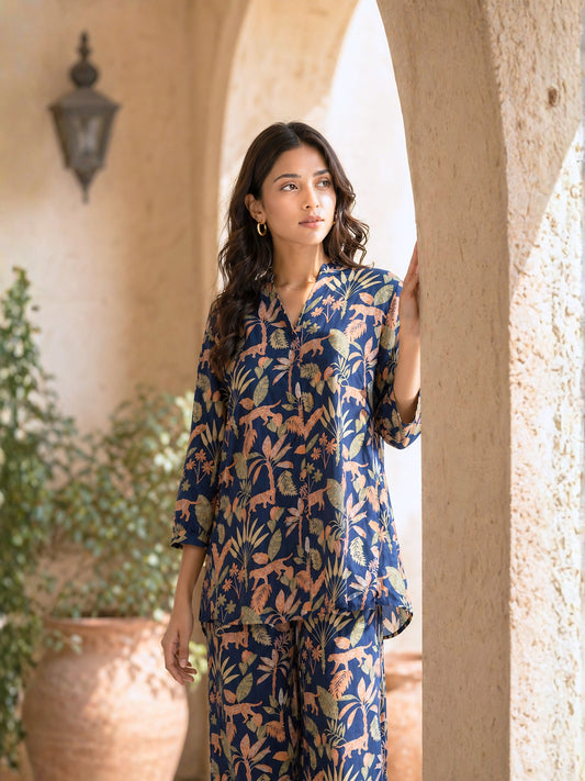 Tropical Navy Blue Pleated Back Co-Ord Set