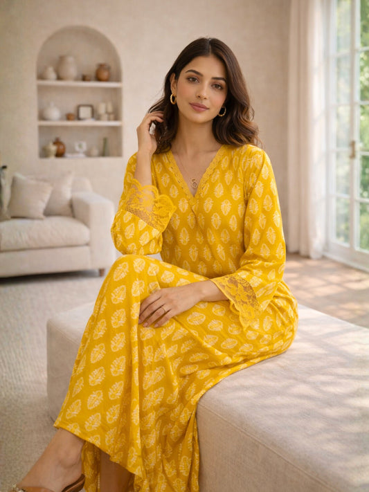 Yellow Bloom Lacy Pure Cotton V neck Night Maxi