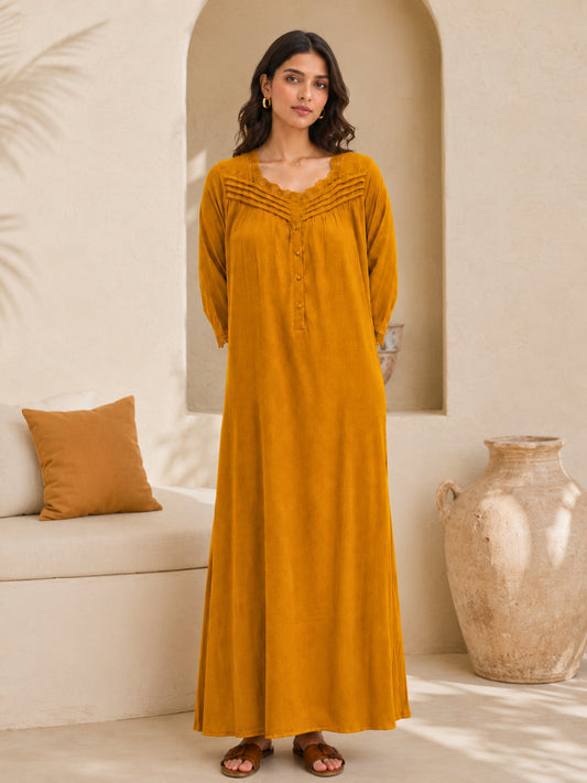 Mustard Soft Crepe Lace Yoke Night Maxi for Women