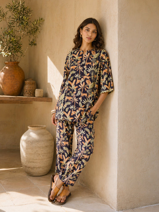 Tropical Navy Tiger Blaze Round Collar Co-Ord Set