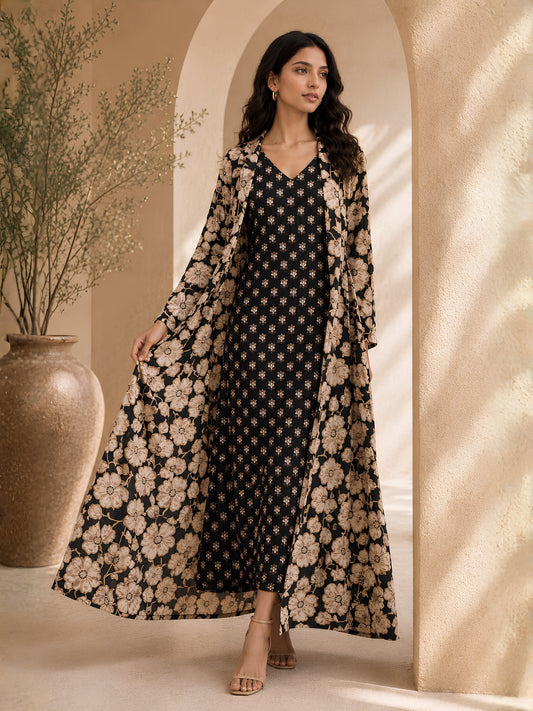 Black Serene Pure Cotton V-Neck Midi & Shrug Set for Women