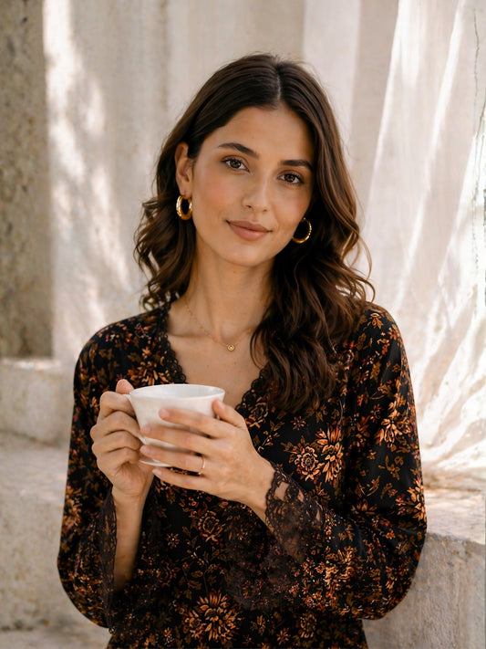 Black Floral Pure Cotton Women's V Neck Night Maxi Dress