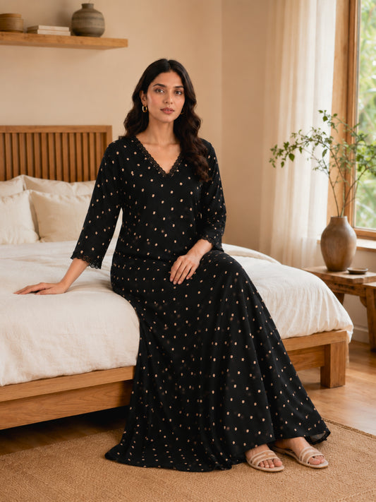 Black Polka Dot V-Neck Night Maxi for Women