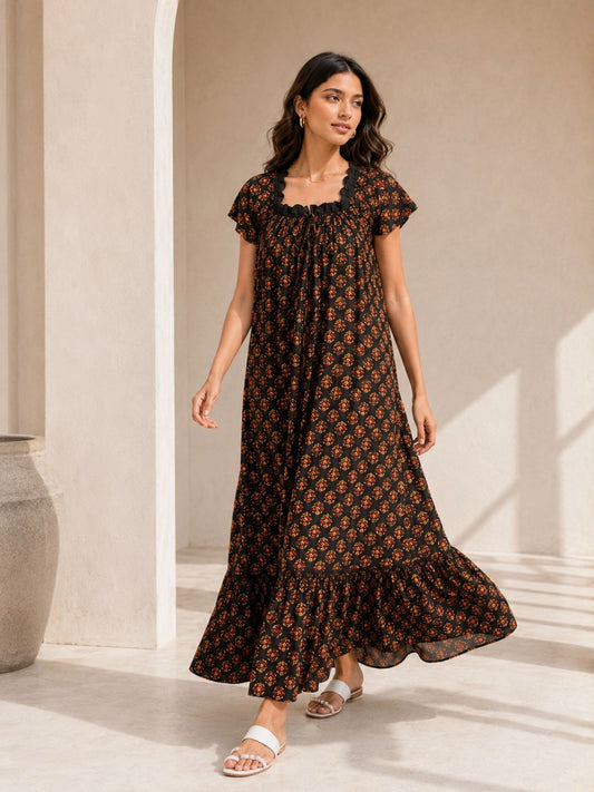 Black Buta Pure Cotton Tie-Up Square Neck Night Maxi for Women