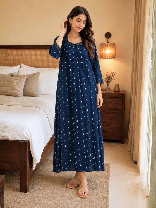 Blue Bird Print Button Yoke Night Maxi for Women