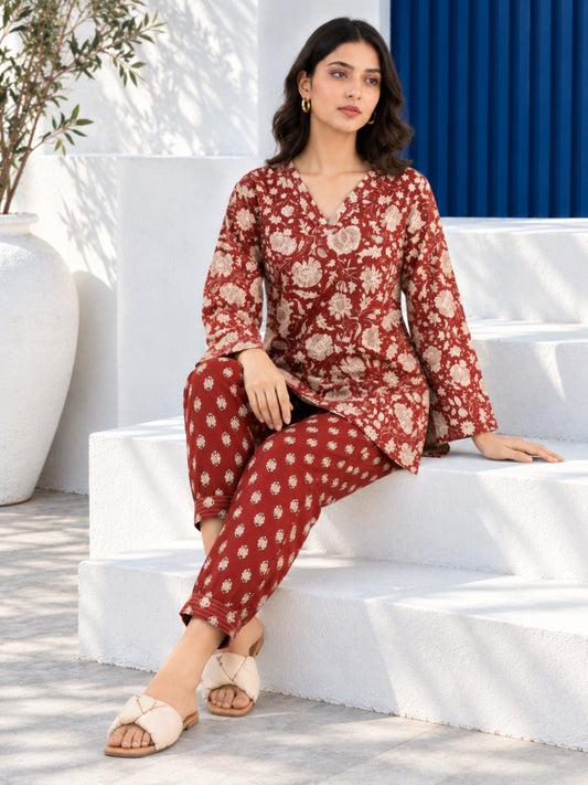 Brown V Neck Cotton Loungewear