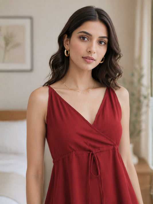 Maroon Soft Crepe Wrap Tie-Up Co-Ord Set for Women