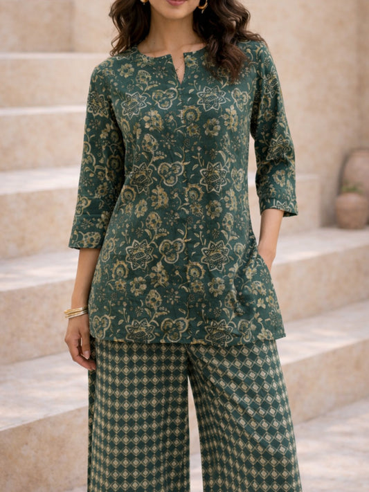 Teal Botanical Jaal  Pure Cotton Round neck Co-ord set