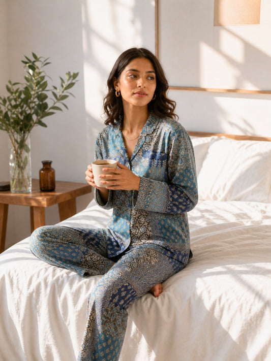 Blue Patchy Print Pure Cotton Collar Shirt Night Suit