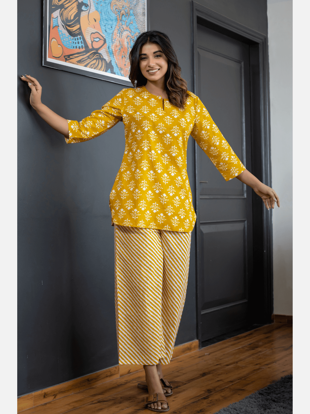 RIKKOK0 lounge pyjama made in pure cotton YELLOW long pants and sleeves with pockets FRIDA KHALO order print