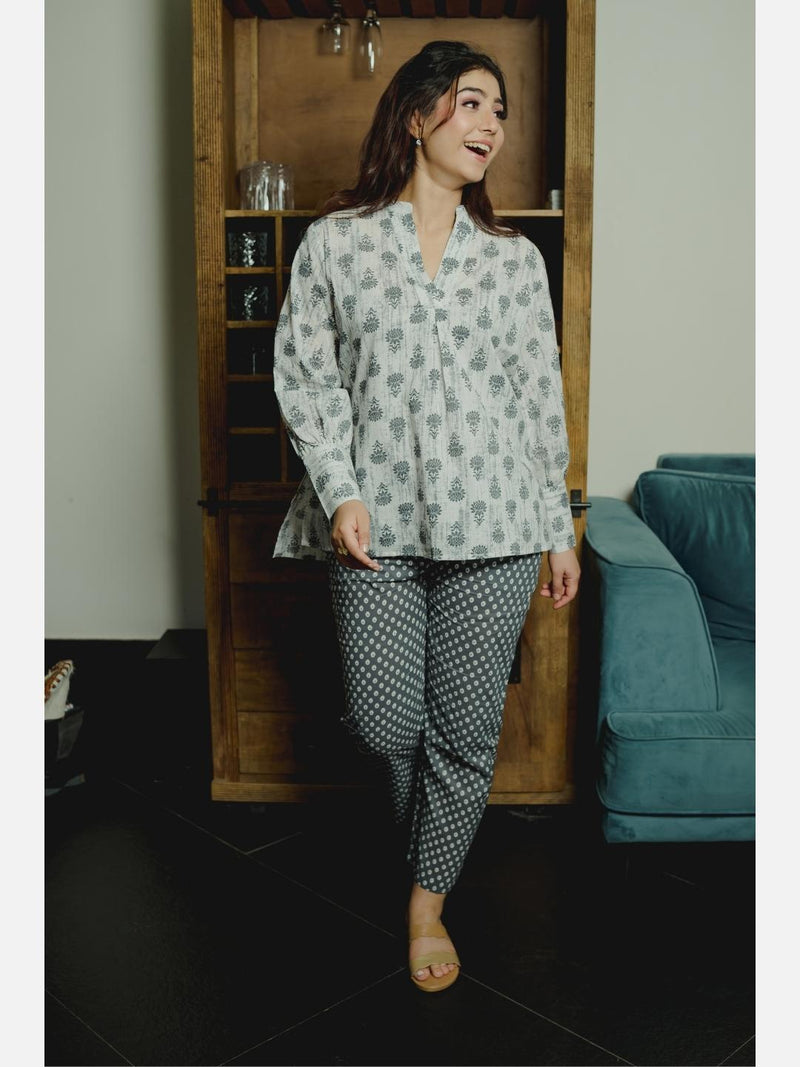 Front Pleated Grey Pure Cotton Loungewear