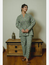 Front Pleated Sage Green Pure Cotton Loungewear