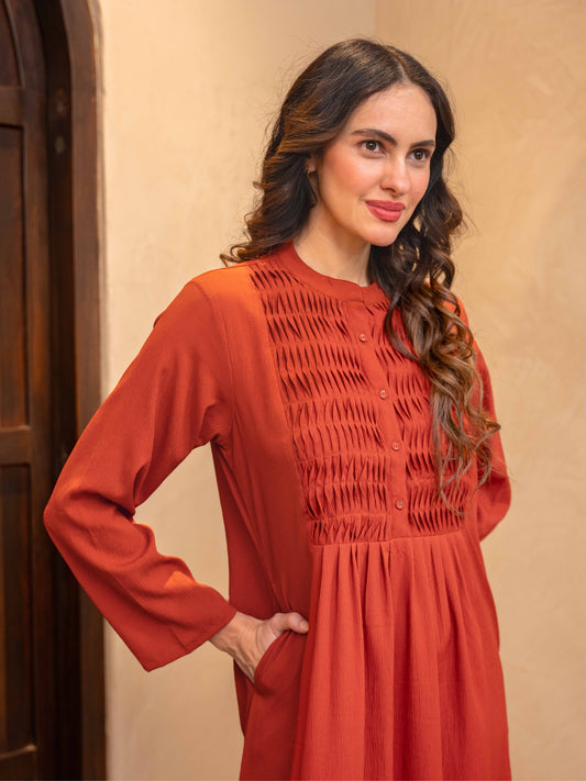 Rust Soft Crepe Pintuck Night Maxi for Women