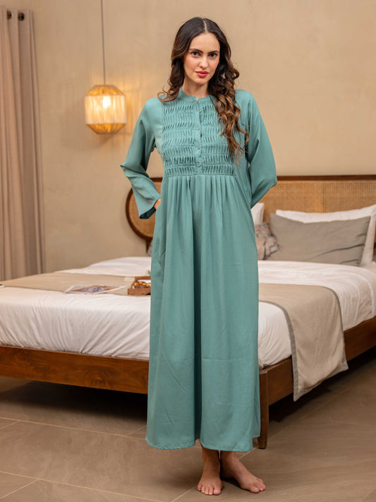 Sea Green Soft Crepe Pintuck Night Maxi for Women