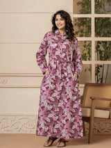 Leaf Pink Pure Cotton Hand Printed Shirt Maxi