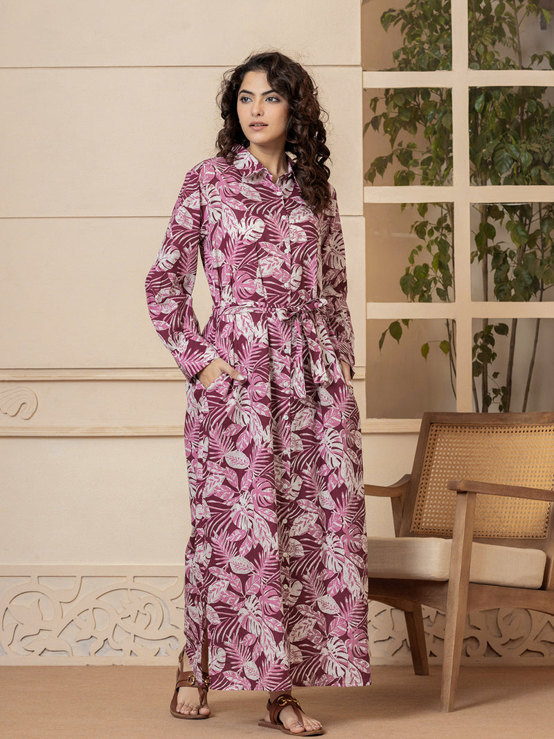 Leaf Pink Pure Cotton Hand Printed Shirt Maxi