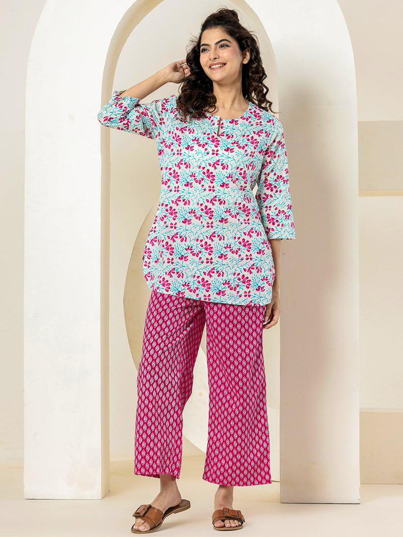 Hot Pink Pure Cotton Hand Printed Loungewear