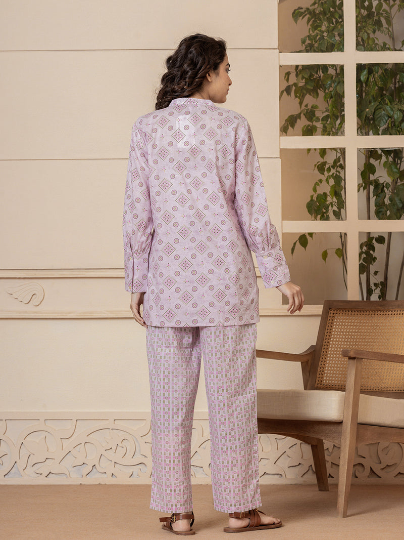 Front Pleated Light Pink Pure Cotton Hand Printed Loungewear
