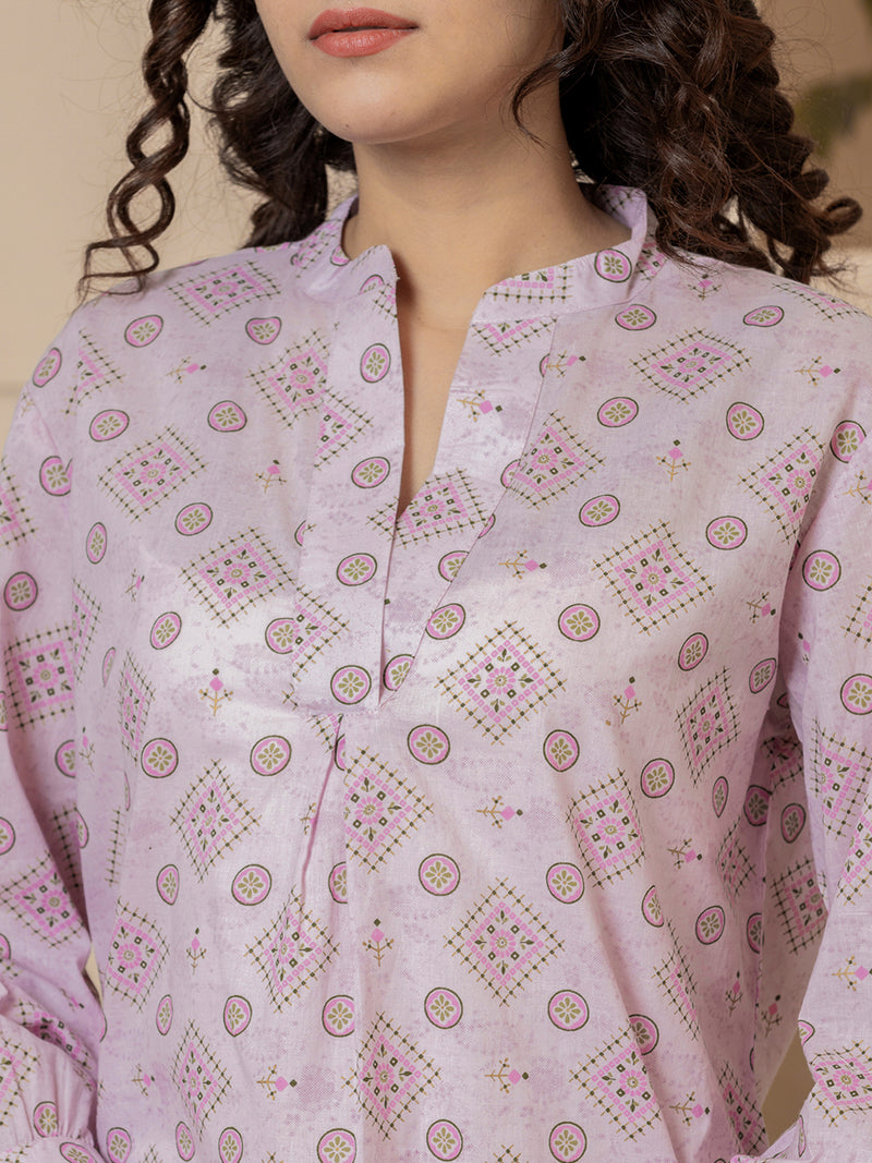 Front Pleated Light Pink Pure Cotton Hand Printed Loungewear
