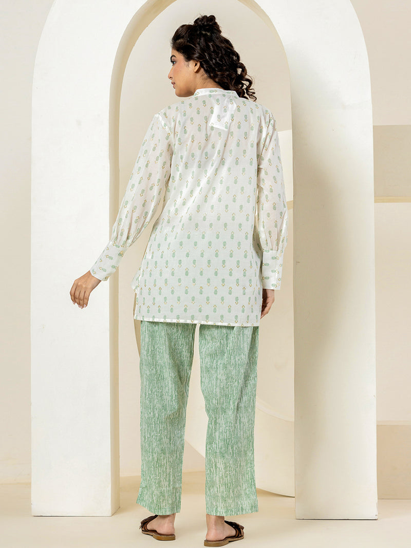 Front Pleated Gold Green Pure Cotton Loungewear